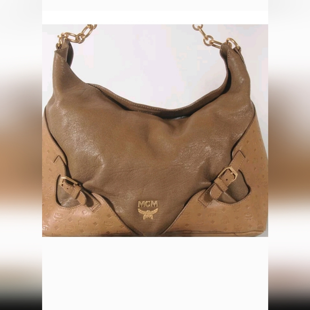 MCM Tan Leather Shoulder Bag with Gold Accents With COA
